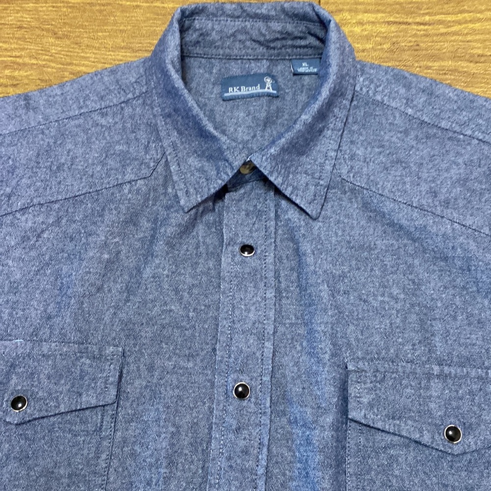 RK Brand Blue Gray Pearl Snap Down Soft Chamois Cotton Shirt Size XL